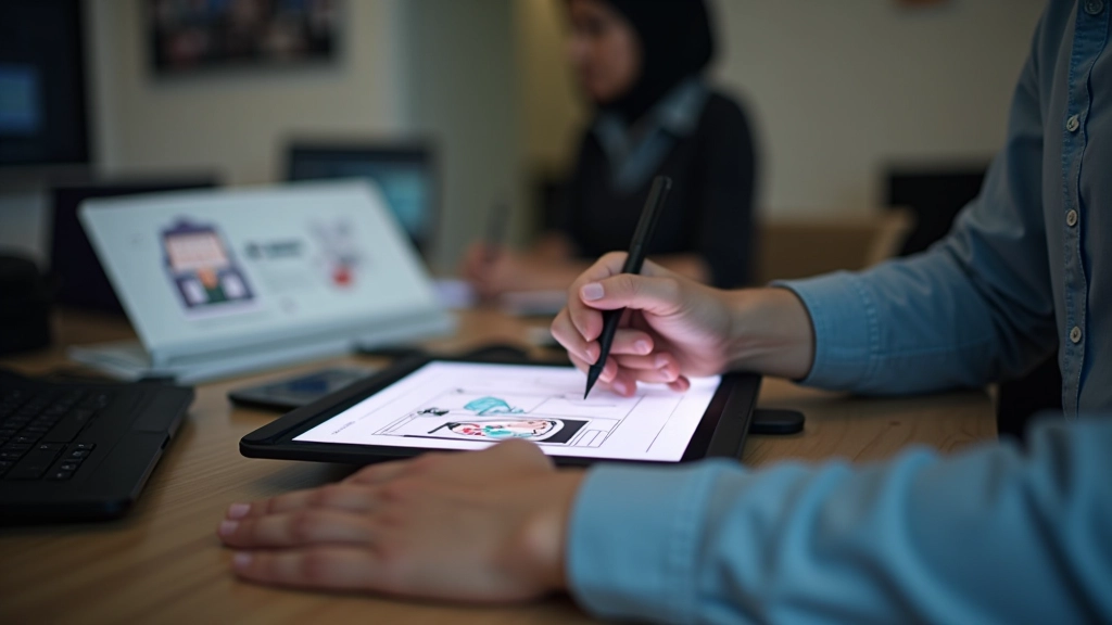 Designer sketching animation concepts on tablet
